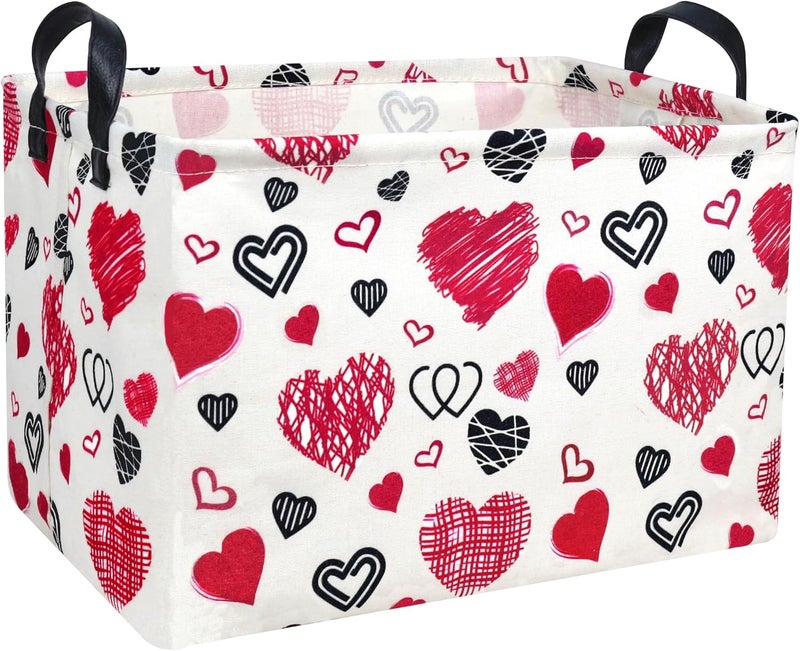 BOOHIT Valentines Day Basket Large Foldable Heart Shaped Storage Box for Gifts Kids Empty Storage Bins Rectangular Toy Organizer Decor (Black Pink Line Love) - Image 1
